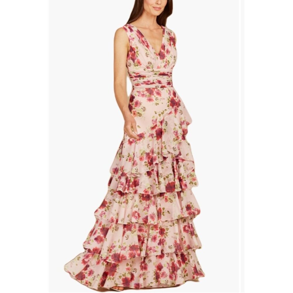 Lara New York Size 4 New Ruffle Skirt Pink Floral Long Dress Tiered Lined $250